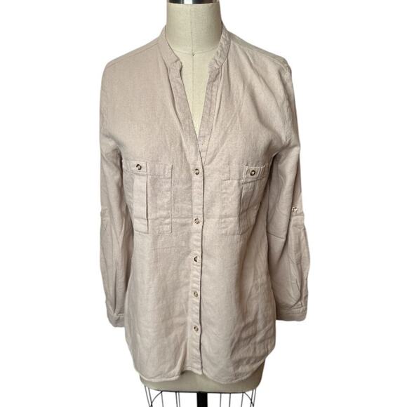 Zara Beige V-Neck Button Up Shirt Blouse Women's Size M - Picture 1 of 8